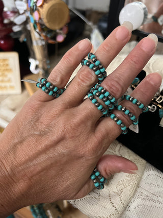 Oxidized Pearl & Turq Stretch Rings