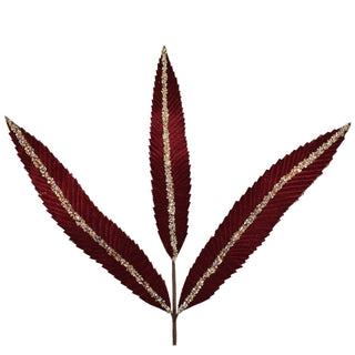 32.5” Sequin Stripe Velvet Feather Leaf Spray- Deep Red
